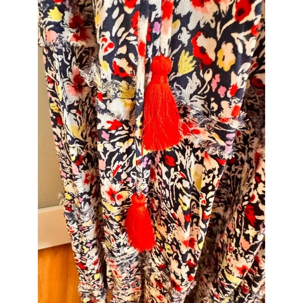 Poupette St. Barth Bety Tassel Tie Georgette Floral Maxi Dress Navy Azalea Small